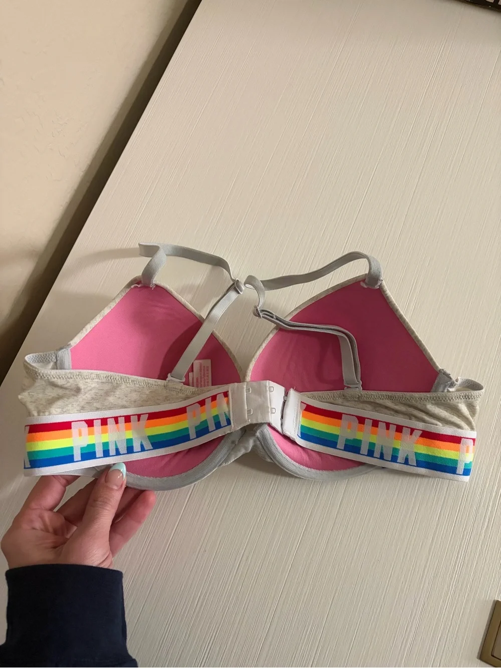 🌈🎀PINK VS Heather Gray Molded Push Up T-Shirt Bra & Rainbow Band🌈🎀